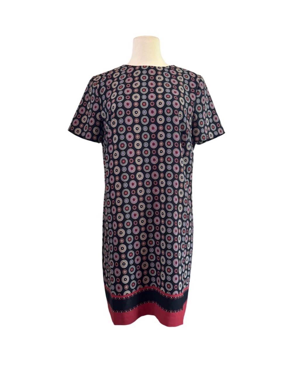 Ann Taylor Navy Shift Dress with‎ Pink wTrim and Geometric Medallions